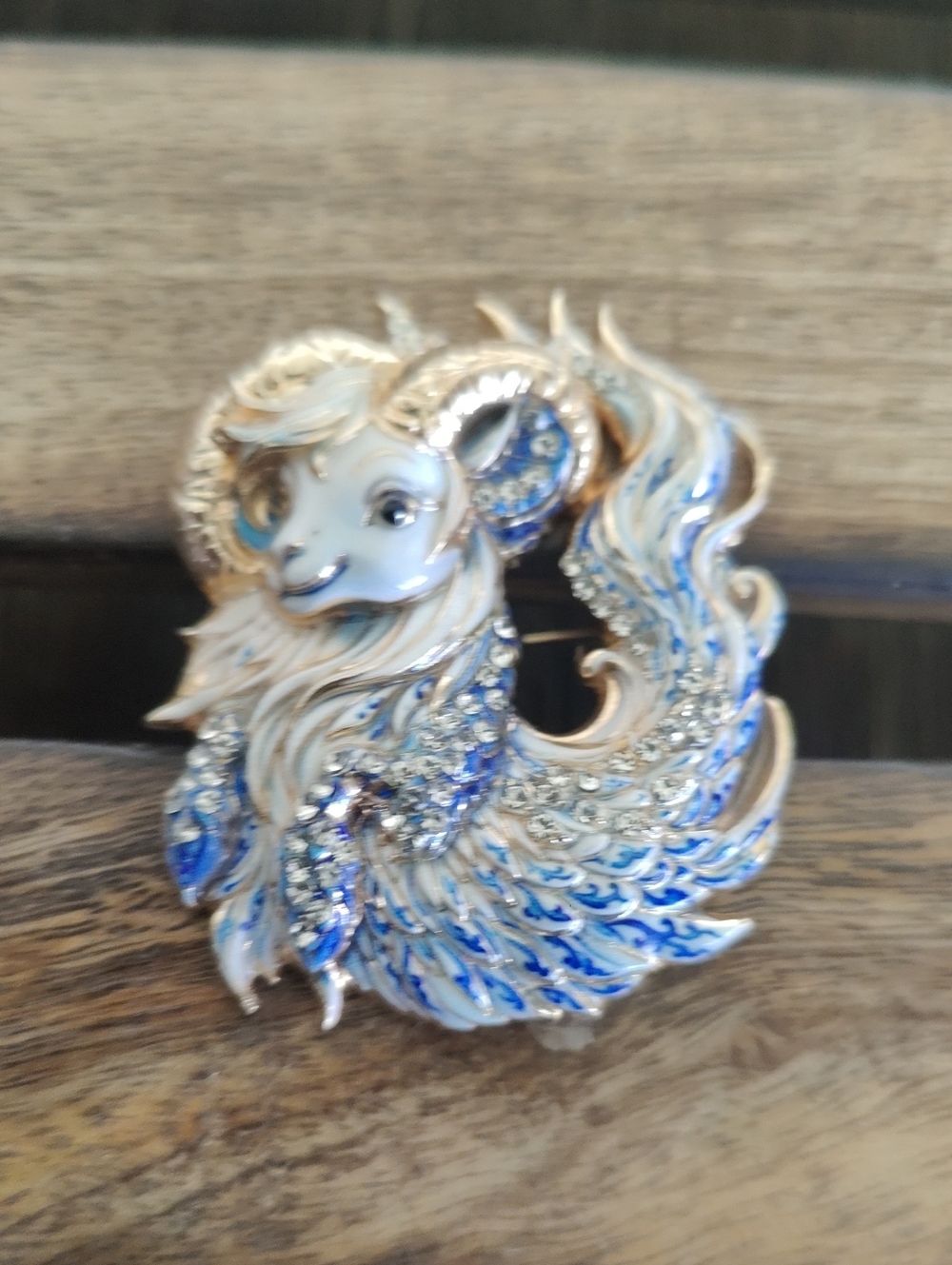 Blue and White Enamel Ram Brooch with Rhinestones